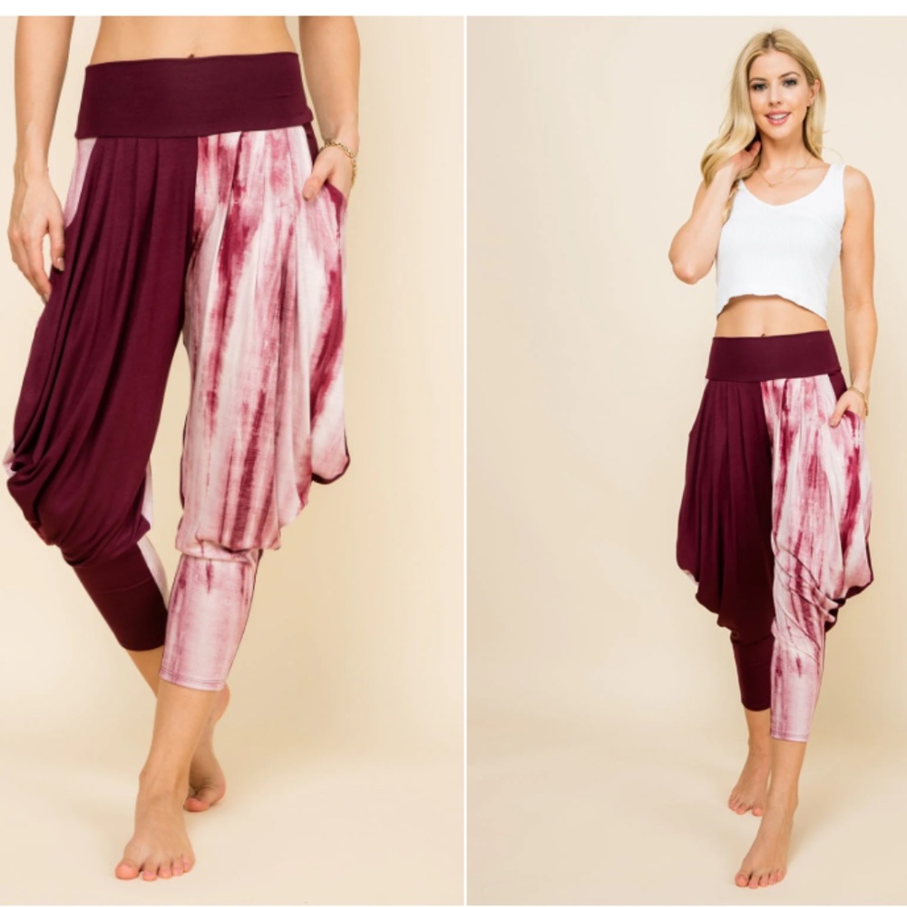 Kooniez Harem Pants - Burgundy Marble Tie-Dye Patchwork